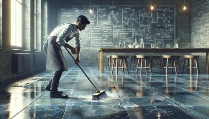 Individual cleaning slate floors with a mild solution, sweeping away debris, and rinsing in preparation for polishing.