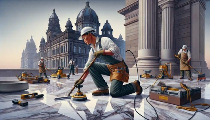Expert technician honing marble floors in Dundee, achieving a glossy finish against the backdrop of historic Scottish architecture.