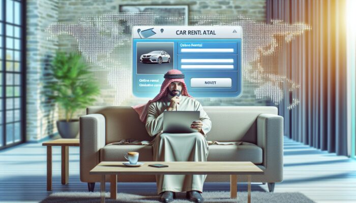 Person booking car rental online from cozy living room, with laptop, latte, and world map.