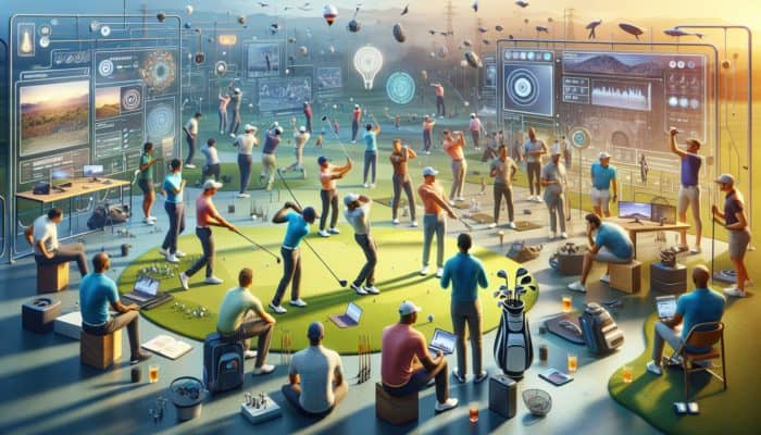 South African golfers using laptops and smartphones while engaging in a community forum with expert support for swing analysis.