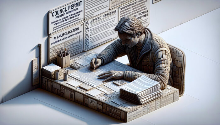 An individual filling out a council permit application form at a desk with various documents and guidelines.