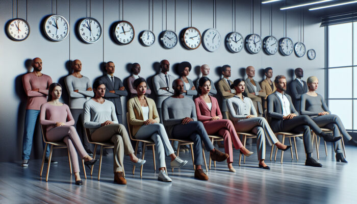 A diverse group waiting in an office with permit applications, alongside clocks showing various times.