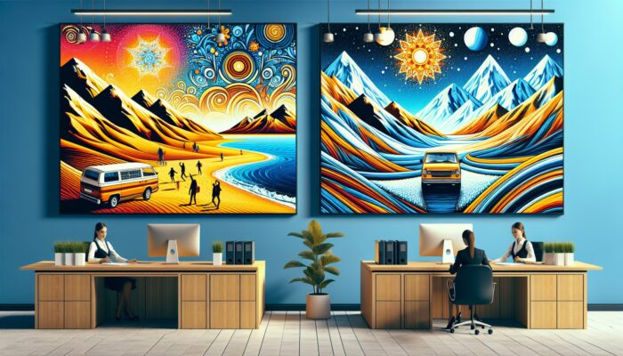 A car rental office showcasing vibrant summer beach and winter mountain scenes with promotional posters for seasonal discounts.