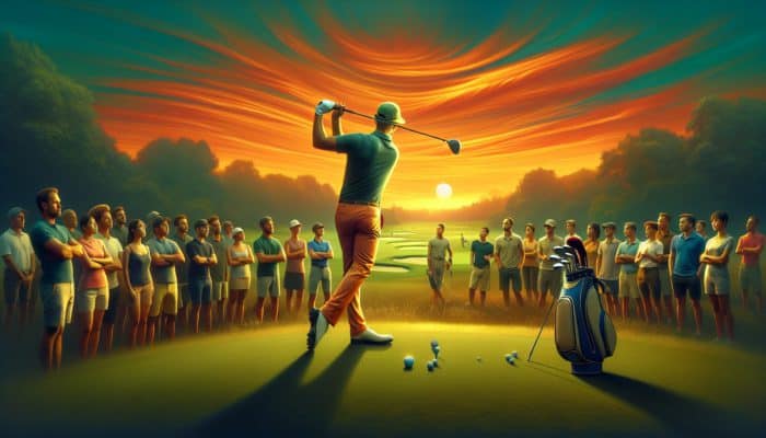 South African golf pro demonstrating swing tips at sunset on a lush course, with students watching eagerly.