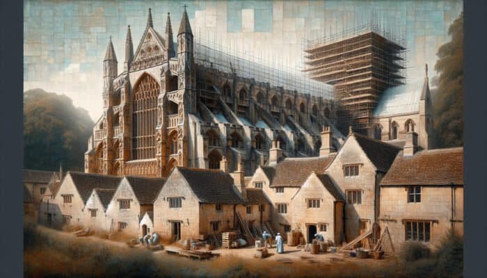 Detailed view of Westminster Abbey and Cotswold cottages, showcasing textured limestone facades with restorers actively engaged in their work.