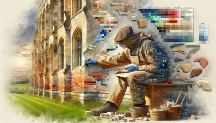 A UK restorer utilizing local limestone varieties on a historic building, highlighting the significance of regional expertise.