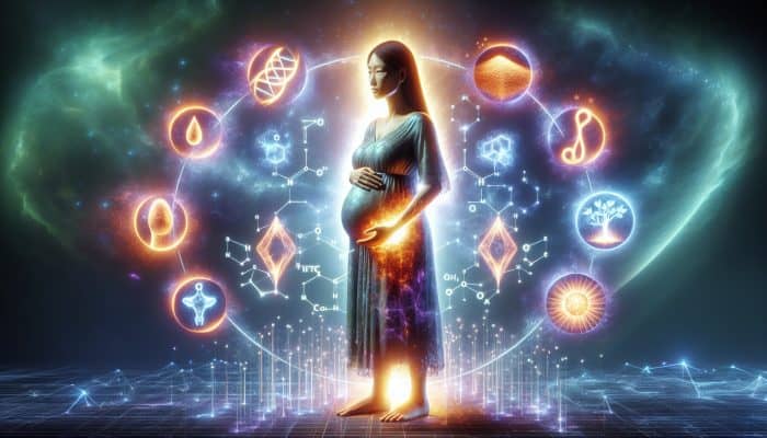 Diet for Pregnant Women: Illustration of a pregnant woman with symbols of folic acid, iron, and calcium, highlighting their importance.