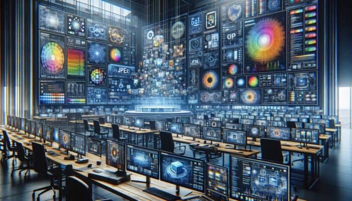 A digital artist's workspace comparing JPEG, PNG, and GIF formats on screens displaying quality and speed graphs.