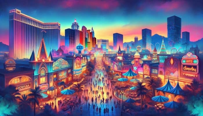 Budget-friendly Las Vegas Strip hotels like Excalibur and Circus Circus at dusk, illuminated by vibrant neon lights.