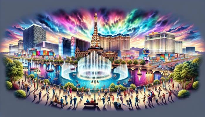 Nighttime view of Las Vegas featuring the Bellagio Fountains and the Viva Vision Light Show on Fremont Street.