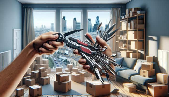 Hand Tools for Streamlined House Clearance Projects: A person effectively using a multi-tool to declutter a London apartment.