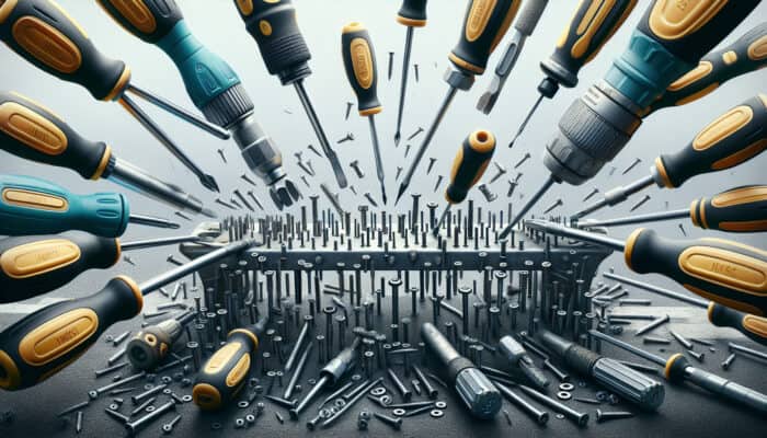 A collection of screwdrivers actively disassembling urban furniture, screws neatly arranged, showcasing rapid dismantling.