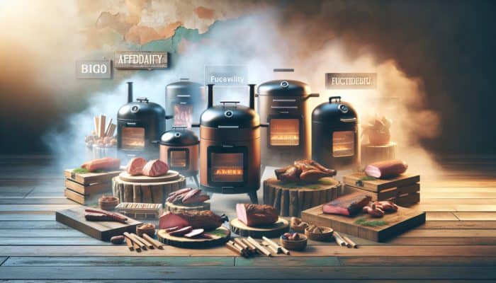 A selection of budget-friendly smokers displayed on a rustic table surrounded by meats and smoking woods.