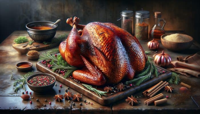 A beautifully smoked turkey adorned with herbs and spices, glistening with moisture in a rustic kitchen setting.