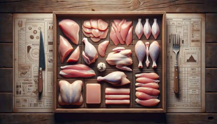 How to Grill Chicken Without Drying It: Fresh chicken cuts on a rustic wooden table, showing light pink breasts and deeper shaded thighs and wings.