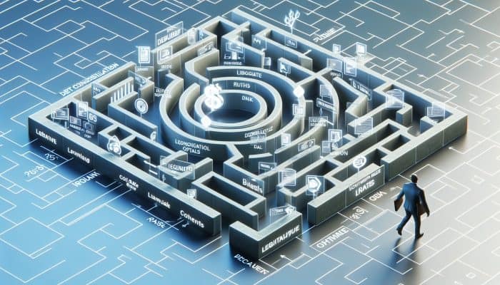 A person navigating a maze of financial paths, with clear safe routes highlighted, symbolizing debt consolidation loans.