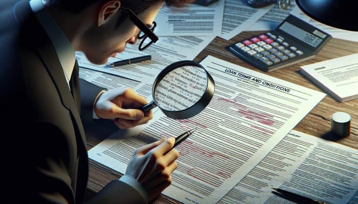 Person using magnifying glass to read Loan Terms and Conditions document, with calculator and pen on desk.