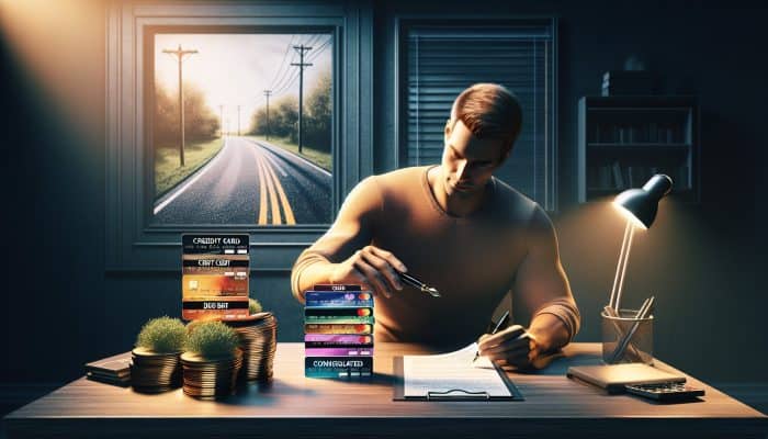 Debt Consolidation for Credit Card Debt: A Comprehensive Guide | DCL A person consolidating multiple credit card debts into one loan, symbolizing financial strategy and relief.