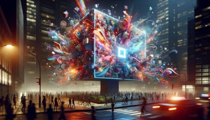 Creating YouTube Bumper Ads for Hosting Impact: A vibrant digital billboard showing a 6-second YouTube bumper ad, engaging viewers amidst cluttered content.