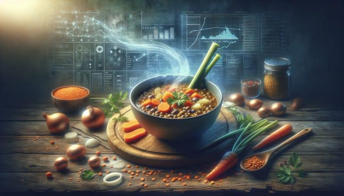 Steaming bowl of hearty lentil soup with carrots, onions, and celery on a rustic wooden table.