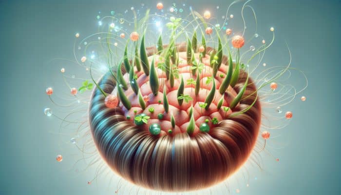 A close-up of a healthy scalp with vibrant hair, nourished by oils and extracts, free from dryness.