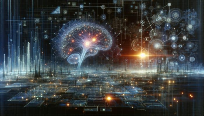 Harness AI for Better Meta Descriptions: A futuristic digital landscape with AI and SEO merging, showcasing neural networks and search algorithms enhancing visibility through data analytics and predictive trends.