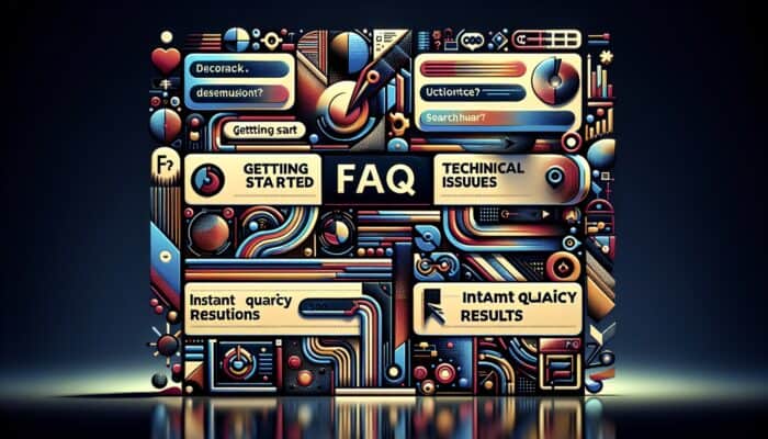 A user-friendly FAQ page displayed on a computer screen with sections like "Getting Started," "Technical Issues," and "Billing Questions," complemented by a search bar.