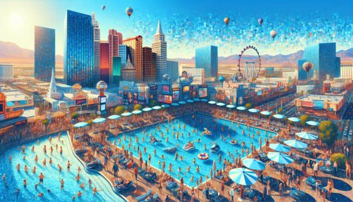 People enjoying pool parties, rides, and gourmet dining in a lively Las Vegas daytime scene.