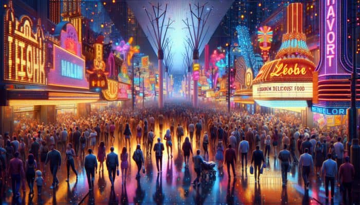 A lively Las Vegas street scene at night with diverse groups sharing stories and tips amidst neon lights and hidden culinary treasures.