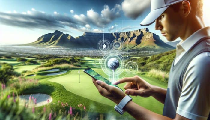 South African golfer utilizing an app on course with Table Mountain, enhancing gameplay with customized routines.