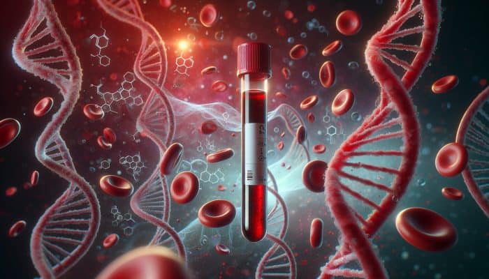 A blood sample tube labeled "Vitamin B12 Test" against a backdrop of red blood cells and DNA strands.