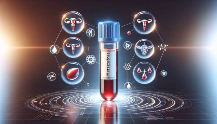 Illustration of testosterone blood test vial with labeled levels, surrounded by icons of related health conditions.