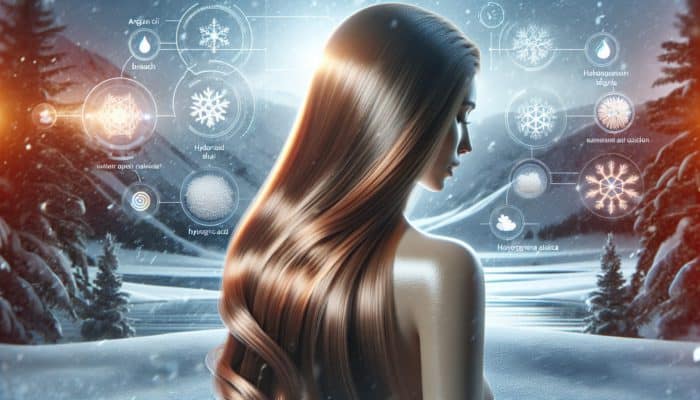 Woman with hydrated hair in snowy landscape using winter-specific shampoo and conditioner with argan oil and hyaluronic acid.