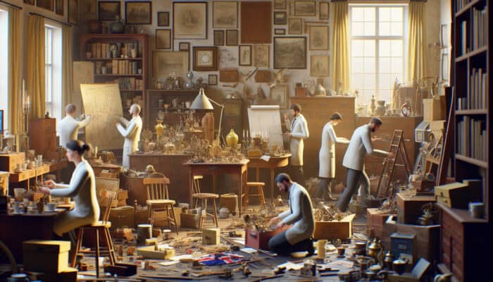 A UK home filled with antiques, with experts efficiently sorting and clearing items, evoking warmth and nostalgia.