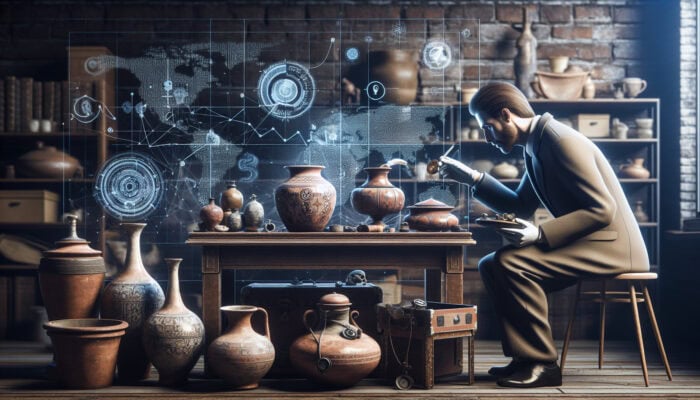 An expert examining rare antiques, assessing condition, provenance, and materials, with market trends and historical significance illustrated in the background.