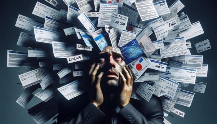 How I Consolidated $50,000 in Debt: My UK Journey | DCL Person surrounded by financial documents, showing stress and determination to address £50,000 debt.
