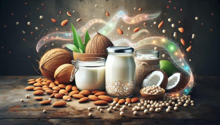A diverse selection of non-dairy products such as almond yogurt, coconut kefir, and soy cheese displayed in glass jars, featuring plant-based ingredients and beneficial bacteria.