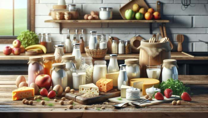 A lively kitchen setting featuring plant-based yogurt and cheese on a rustic table adorned with fresh fruits and herbs.