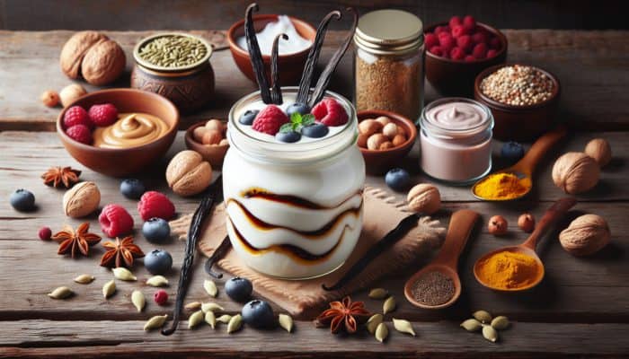 A jar of coconut yogurt garnished with vanilla beans, berries, and exotic spices on a rustic wooden table.