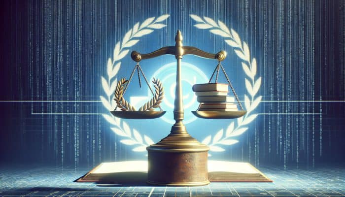 Utilize E-E-A-T to Enhance Local Rankings: A digital scale with books and a laurel wreath, symbolizing E-E-A-T, with a search engine logo background.
