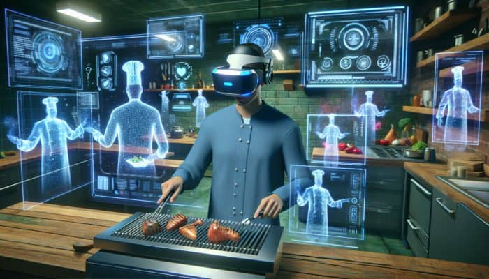 Individual in VR grilling on a state-of-the-art BBQ, guided by holographic chefs in a futuristic kitchen with digital displays.