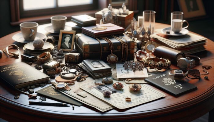 Discovering value in UK House Clearance: High-value and sentimental items like jewelry, antiques, family photos, and important documents arranged on a vintage table.