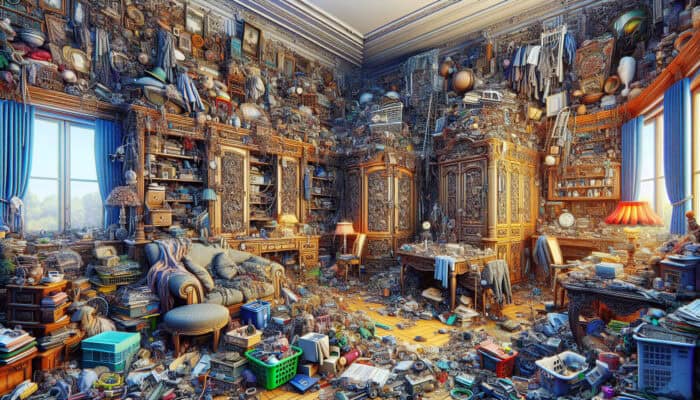 A disorganized home filled with large furniture and extensive collections, requiring strategic decluttering efforts.