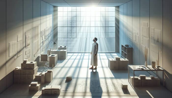 A serene minimalist room flooded with sunlight, symbolizing mental clarity and relief; a smiling individual amidst organized spaces, feeling accomplished and at peace.