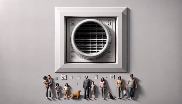 A well-maintained air vent in a modern Abbotsford home, showing a calendar for annual cleaning alongside a family with pets.