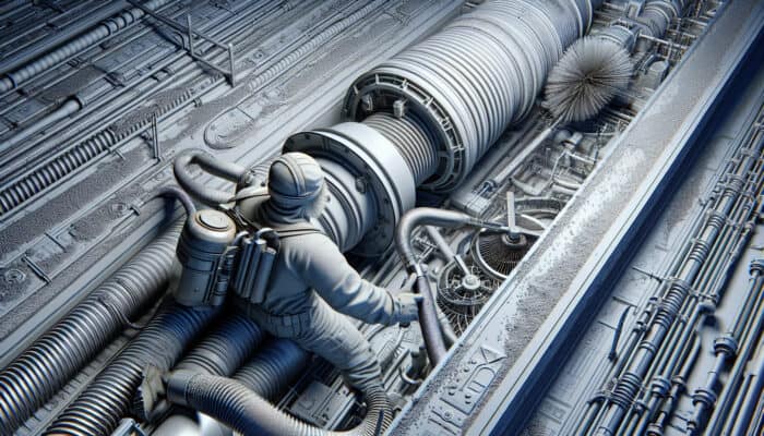 Technician utilizing high-powered vacuum and rotary brush to clean a ventilation system, effectively removing dust and debris.