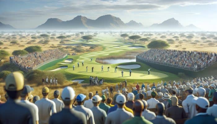 Golf tournament in South Africa featuring players from the Sunshine Tour and South African Open on a lush course.