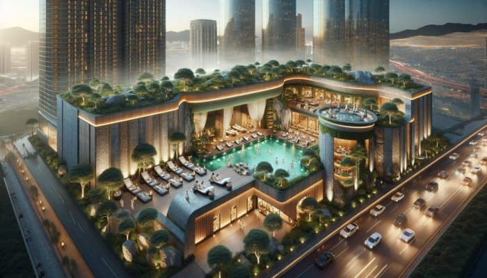 Discover the Best Spas in Las Vegas for Rejuvenation: A luxurious spa in Aria Resort & Casino featuring natural stone and wood, offering revitalizing treatments in a serene, lush atmosphere.