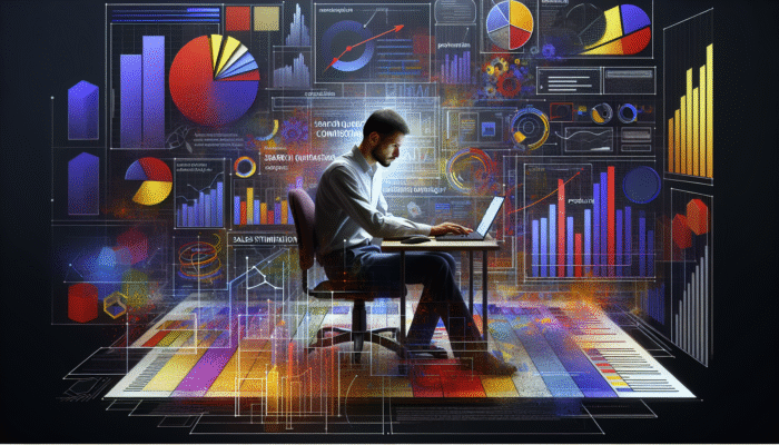 Utilizing Content to Target Commercial Intent: A person reviewing search query analytics on a computer amidst marketing documents and product visuals.