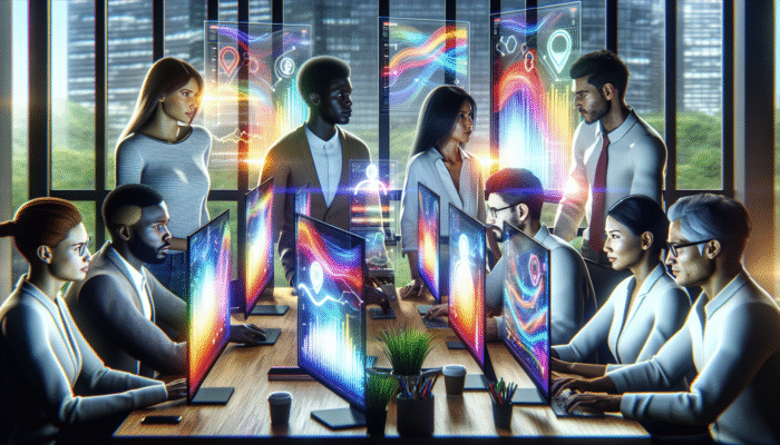 A digital marketing team analyzing SEO metrics on screens within a modern office environment, focusing on strategic content optimization.